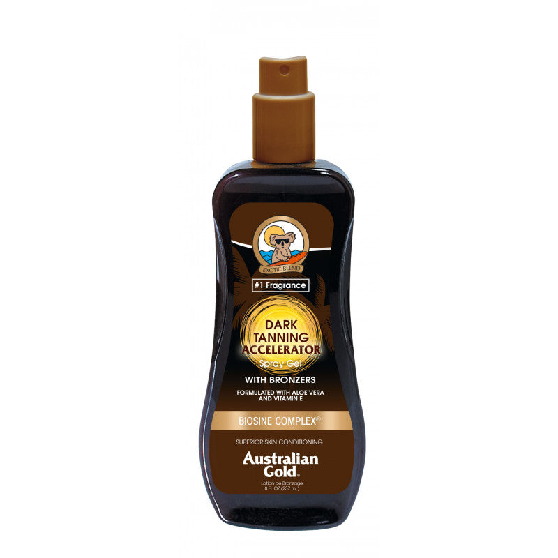Dark tanning accelerator spray gel with bronzer
